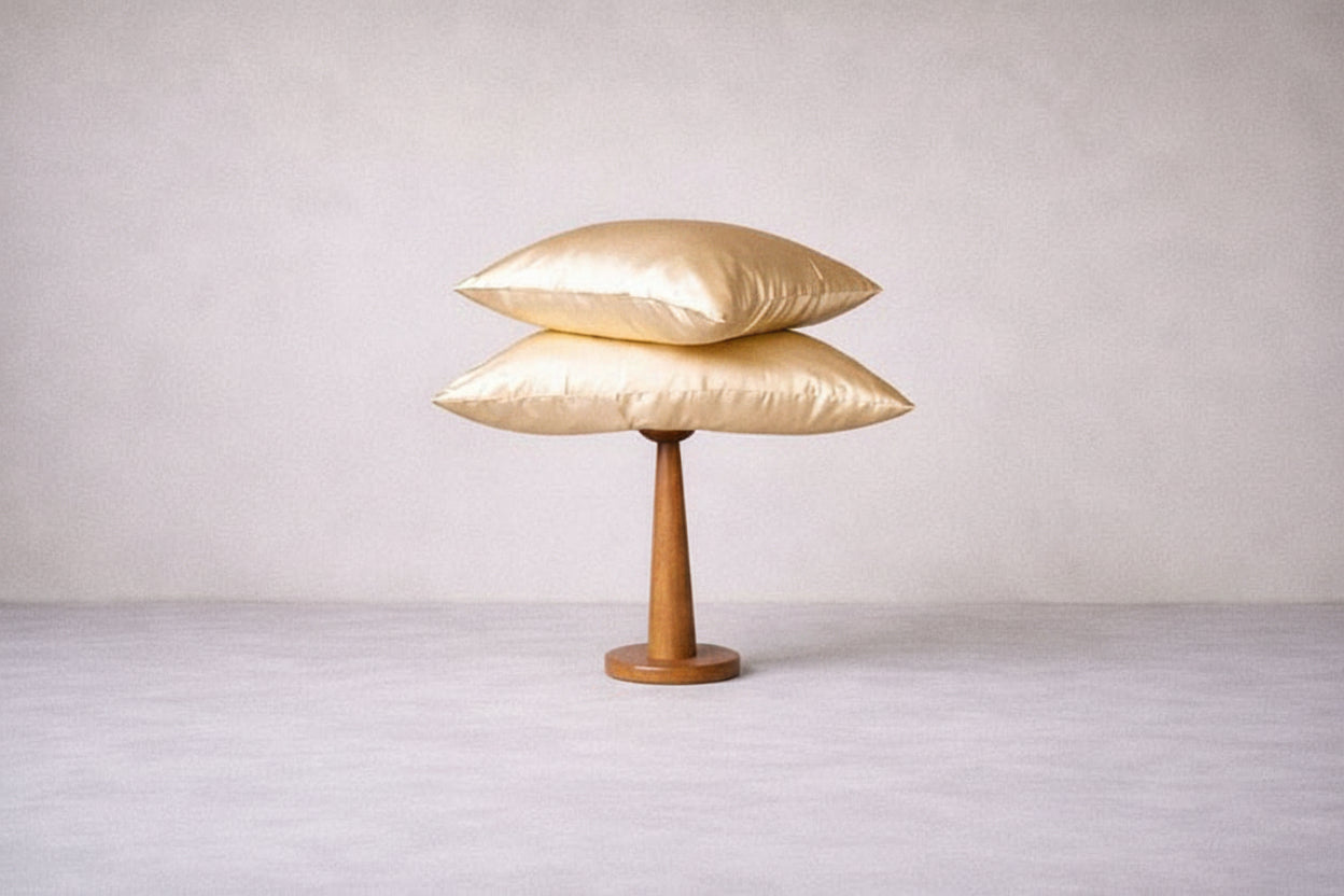 Two champagne silk pillows stacked on a wooden stand.