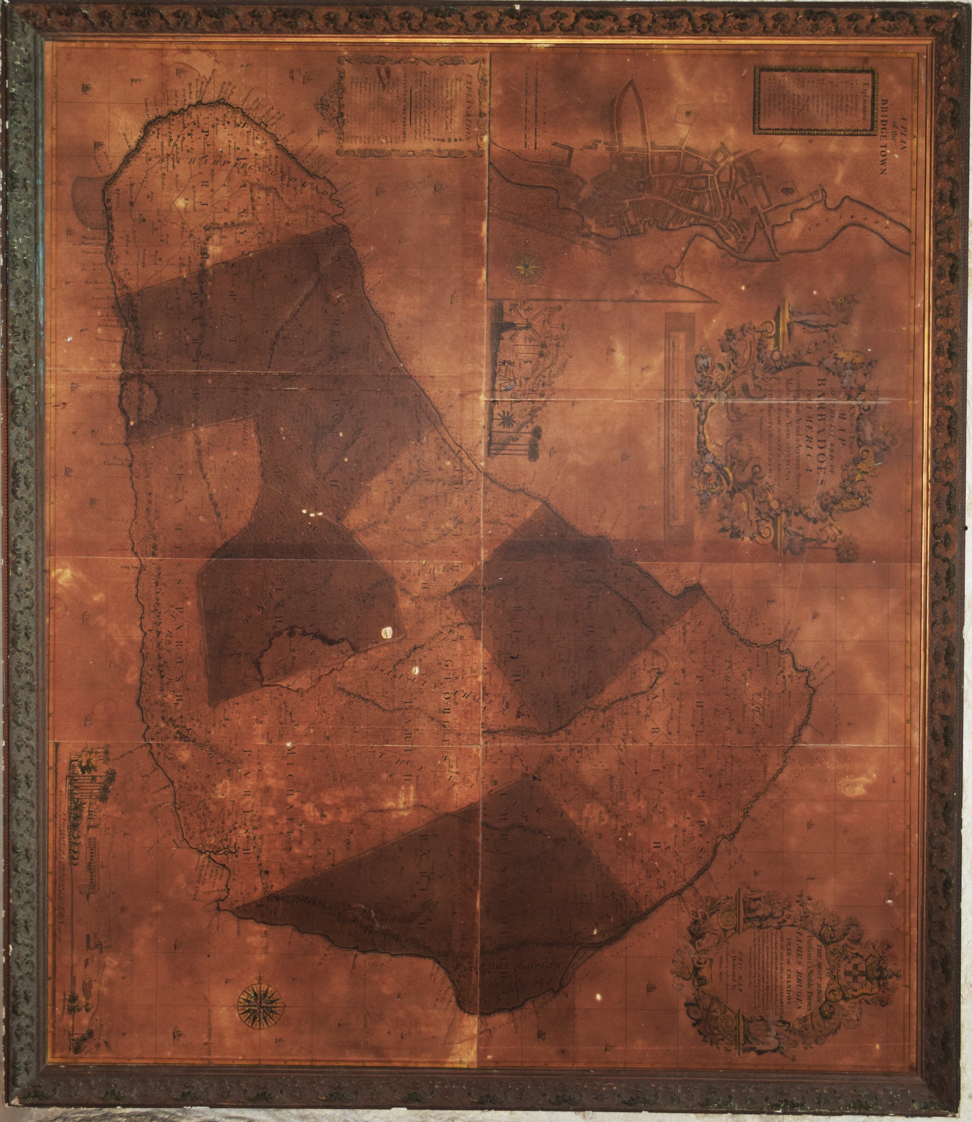 Framed, faded vintage map of Barbados.