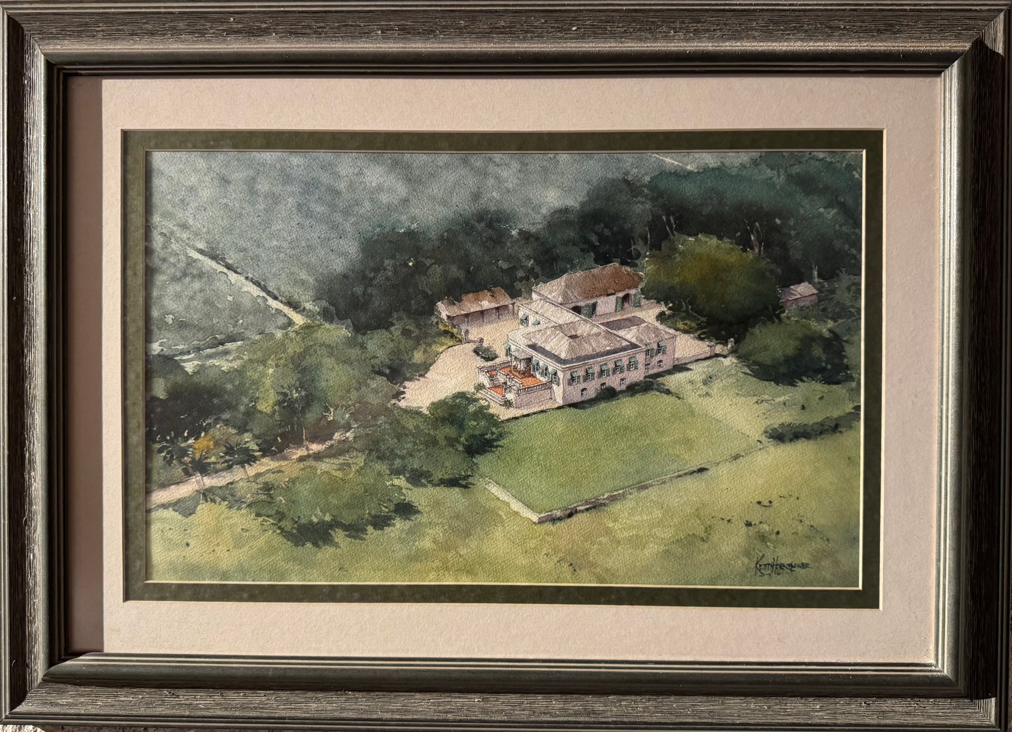 Framed vintage painting of Molyneux Great House with surrounding trees.
