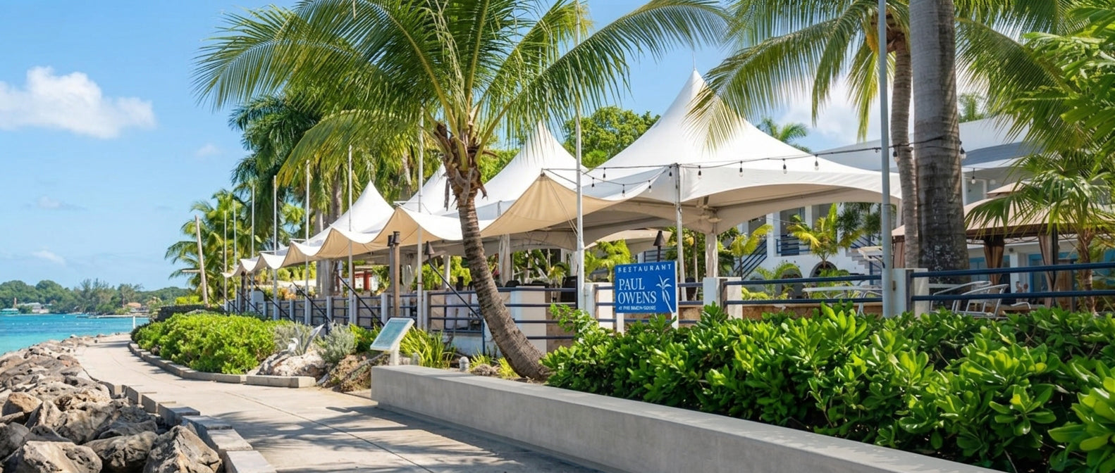 Front view of the Paul Owens at the Beach House restaurant set on a walkway next to the dea.