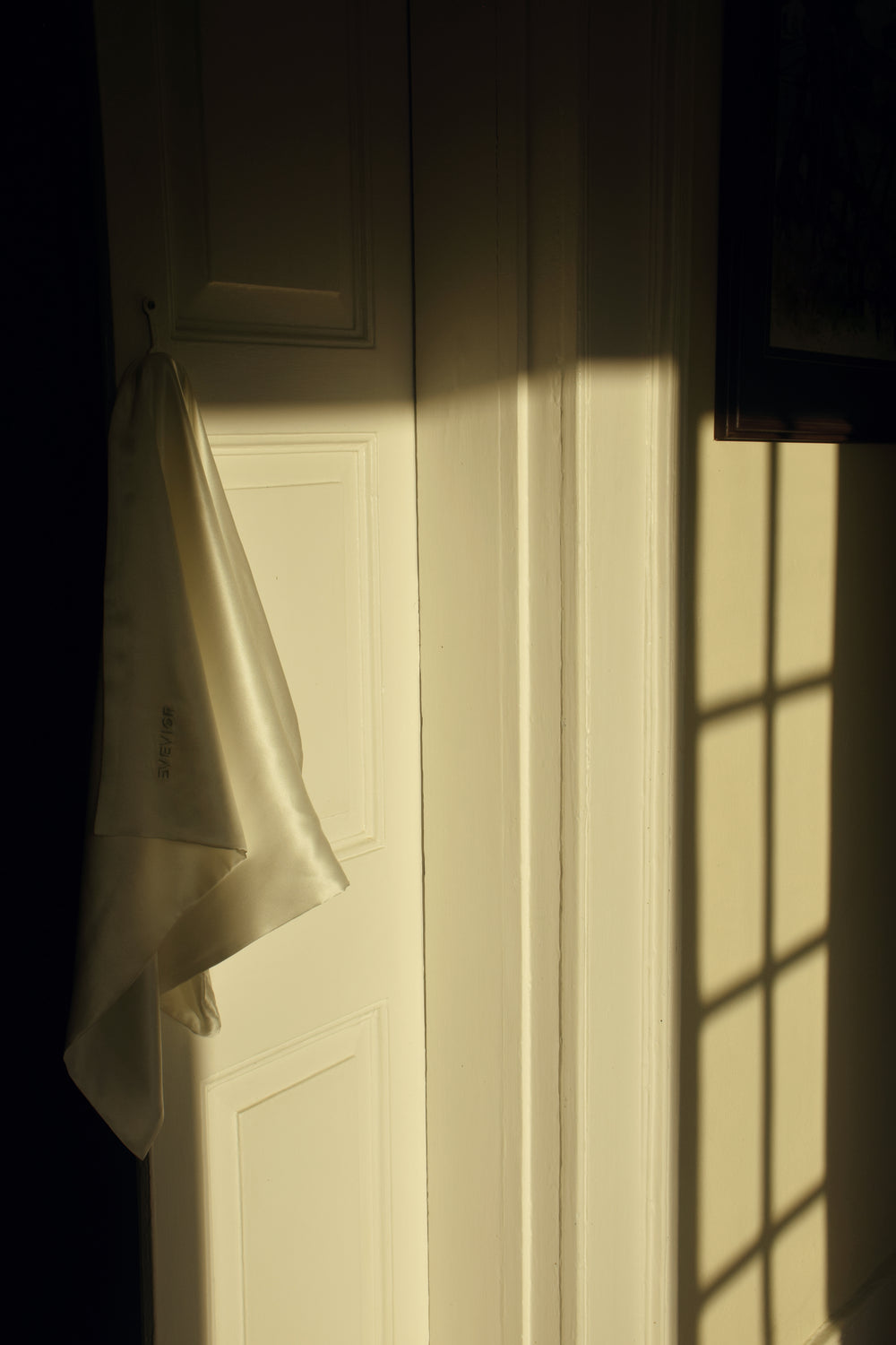 A cream-colored silk pillowcase hangs from a hook on a white paneled door, with dramatic window-pane sunlight.