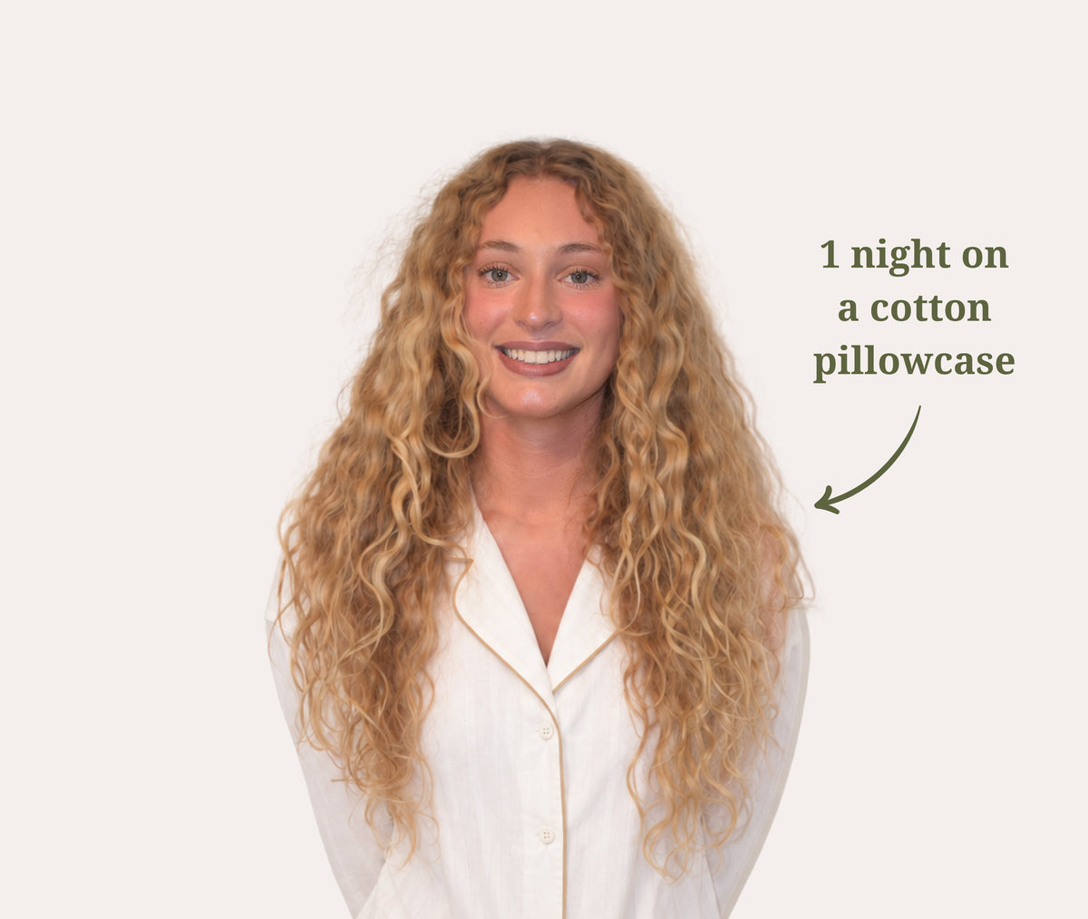A smiling woman with long curly blonde hair is shown against a light background, wearing a white top with gold trim. Text on the right reads '1 night on a cotton pillowcase'.