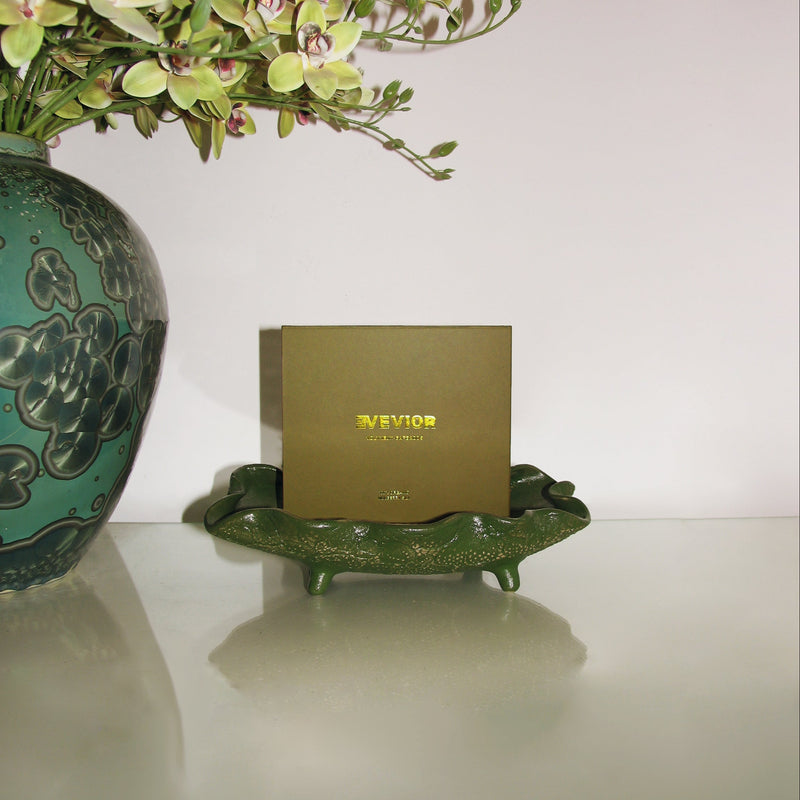 Evevior product box displayed on a sculptural green ceramic stand beside a large floral vase with green orchids, photographed against a soft neutral studio backdrop.