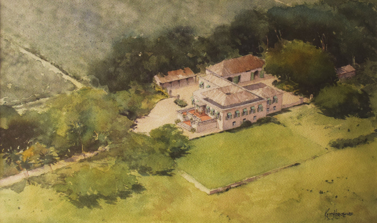 Watercolor painting of Molyneux Great House with a courtyard and surrounding green lawn and trees, rendered in soft green, yellow, and brown tones.