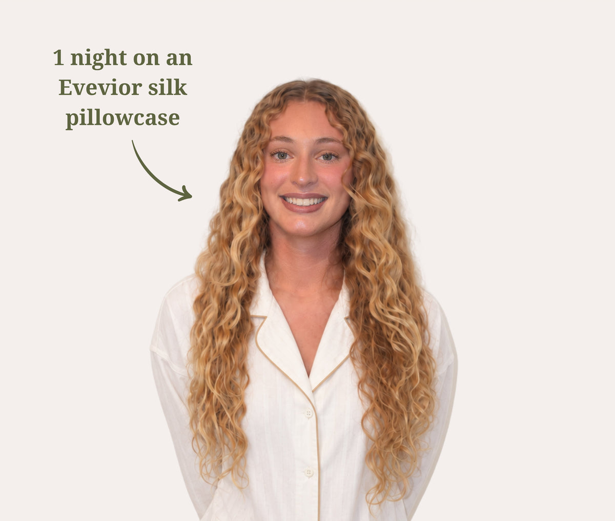 A smiling woman with long curly blonde hair is shown against a light background, wearing a white top with gold trim. Text on the left reads '1 night on an Evevior silk pillowcase'.